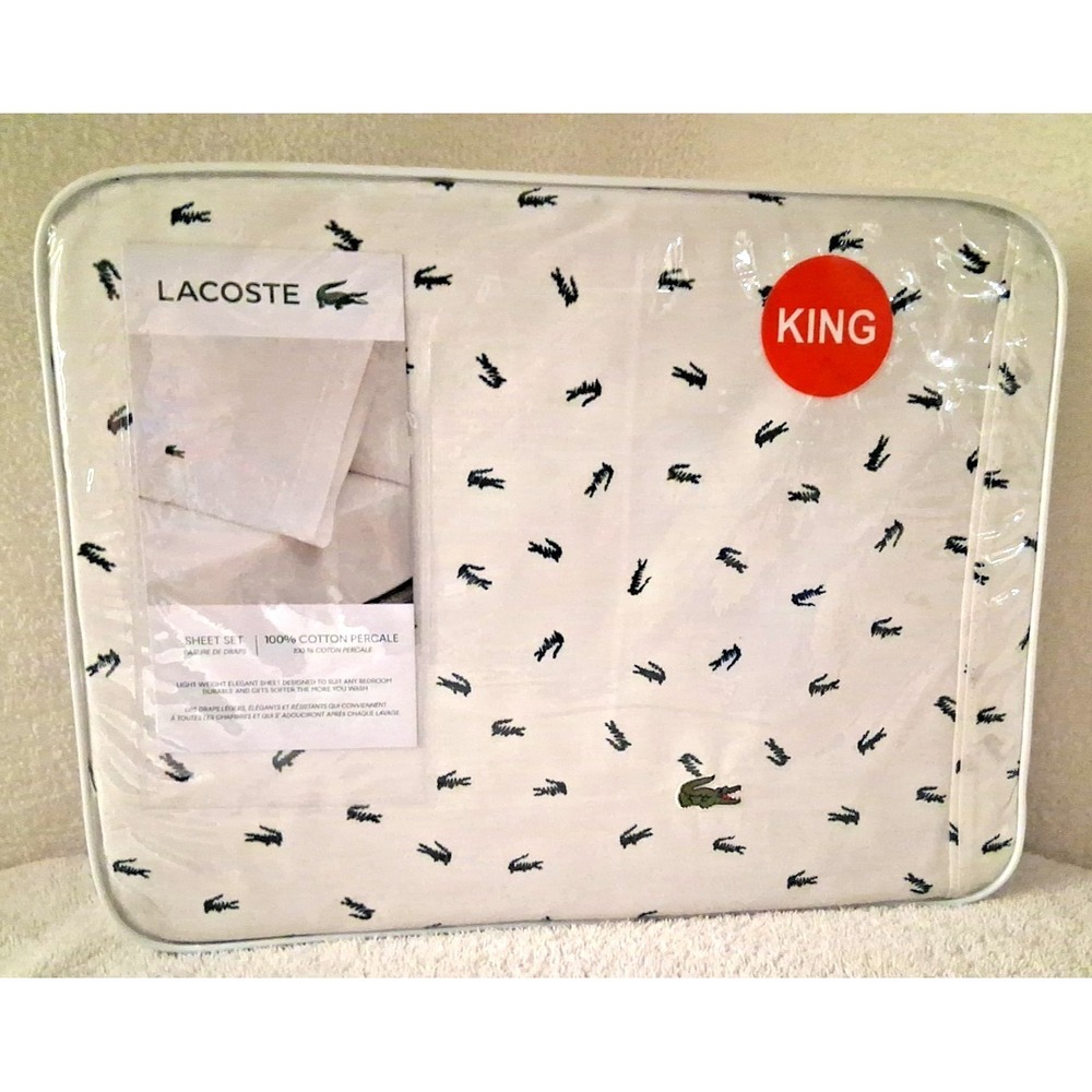 Lacoste King Sheet Set 100% Percale Cotton Doodle Green Croc Motif 4 Piece White